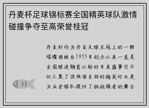 丹麦杯足球锦标赛全国精英球队激情碰撞争夺至高荣誉桂冠